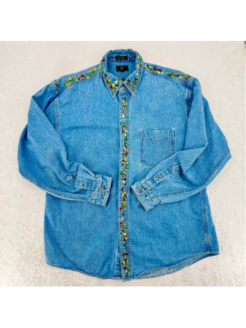Vintage 90s Denim Shirt Embroidered Multicolor Flowers Club Room Size Large